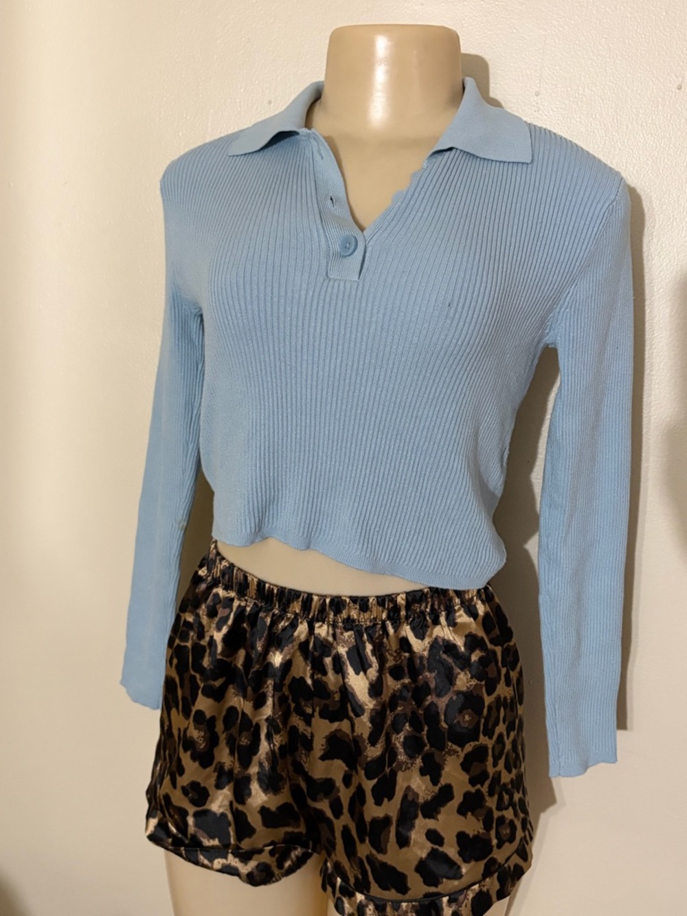 Zara Pale Blue Ribbed Polo Crop Long Sleeve